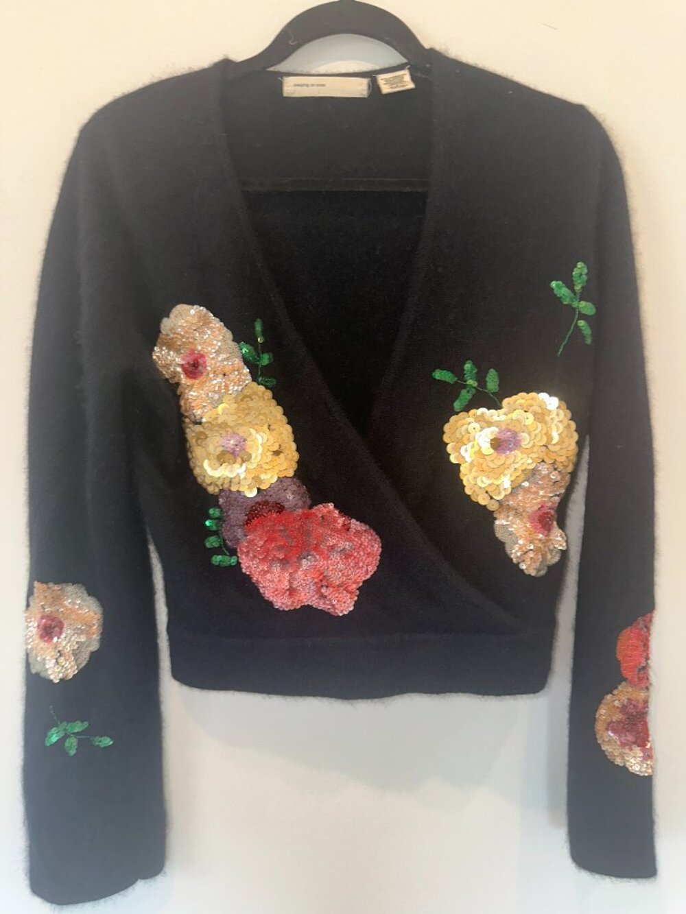Sleeping on Snow Black Angora Blend Sequin Floral Wrap Sweater